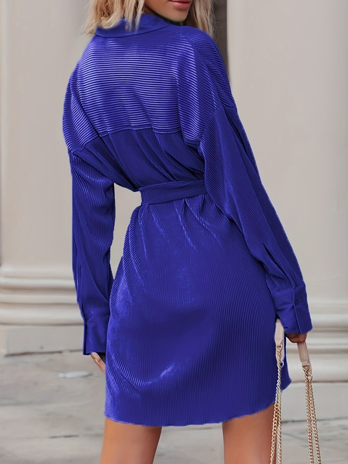 Solid Single Breasted Shirt Dress, Casual Lapel Neck Long Sleeve Tie Waist Dress For Spring & Fall, Women's Clothing
