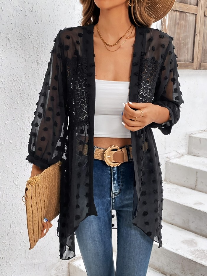 Solid Color Open Front Long Length Top, Elegant Loose Long Sleeve Swiss Dot Contrast Lace Top For Every Day, Women's Clothing