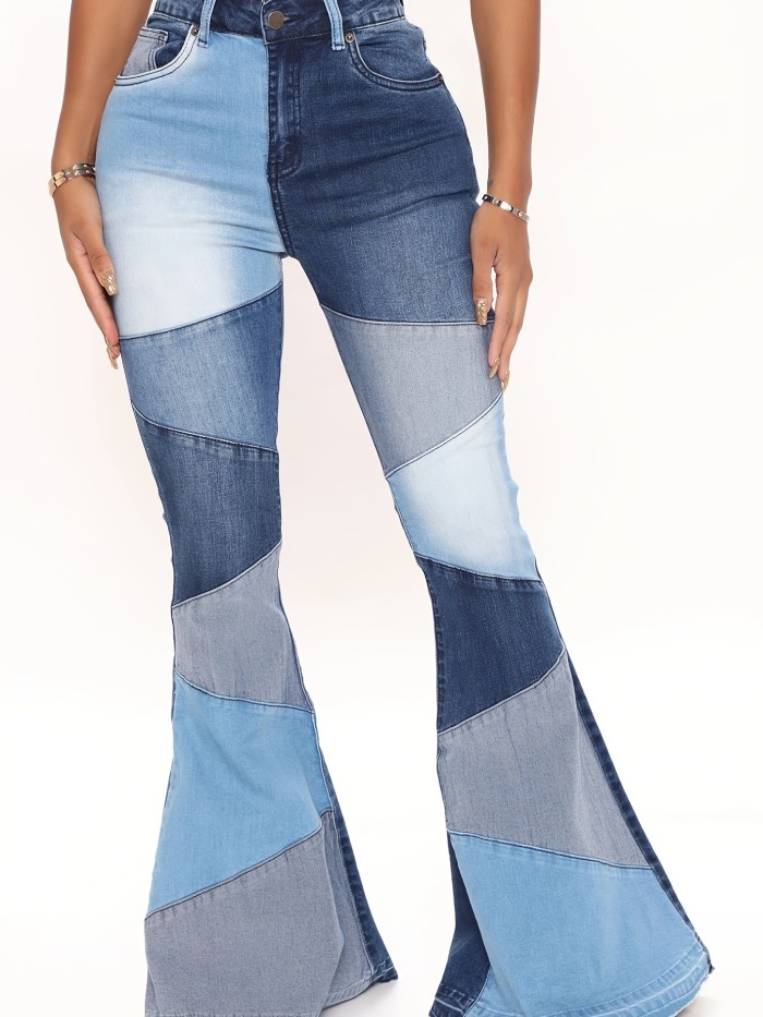 High Rise Colorblock Bell Bottom Wide Legs Flare Jeans, High Waist Patchwork Curvy Flare Denim Pants, Women's Denim Jeans, Women's Clothing