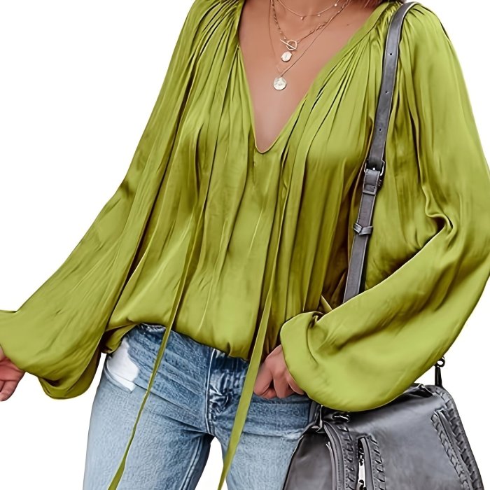 Lantern Long Sleeve Satin Blouse, Elegant V Neck Tops For Spring & Summer, Women's Clothing