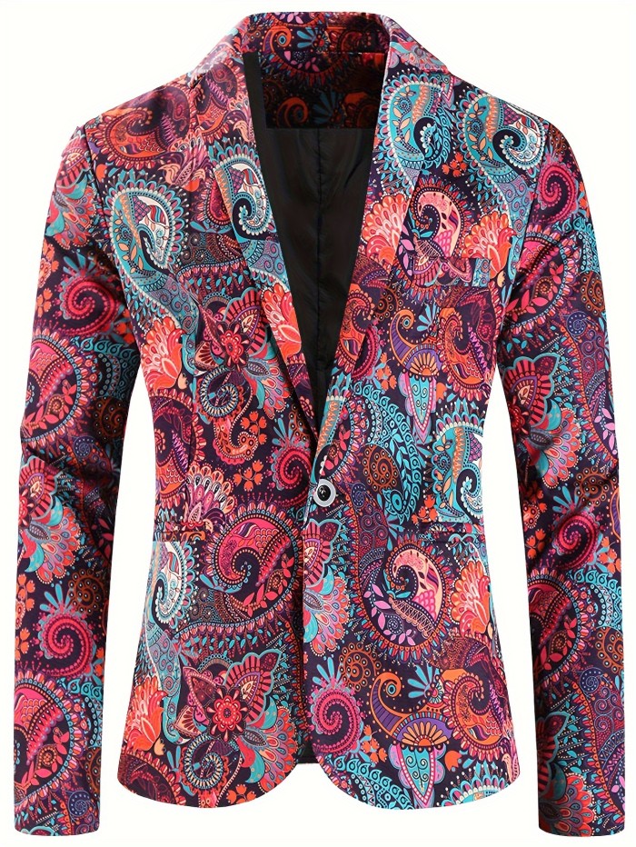 Men's Fashion Colorful Paisley Pattern Blazer, Casual Long Sleeve One Button Lapel Suit Jacket, Slim Fit Dress Coat For Party\u002FFormal Events