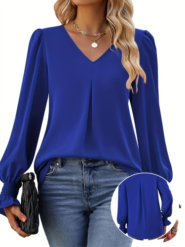 Solid V Neck Simple Blouse, Elegant Long Sleeve Ruched Blouse, Women's Clothing