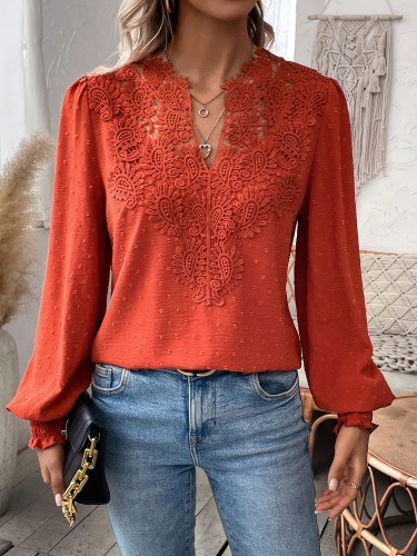 Elegant V-Neck Lace Splicing Blouse - Contrast Lace, Long Sleeve, Solid Color, Polyester, Machine Washable - Perfect for Spring and Fall Seasons