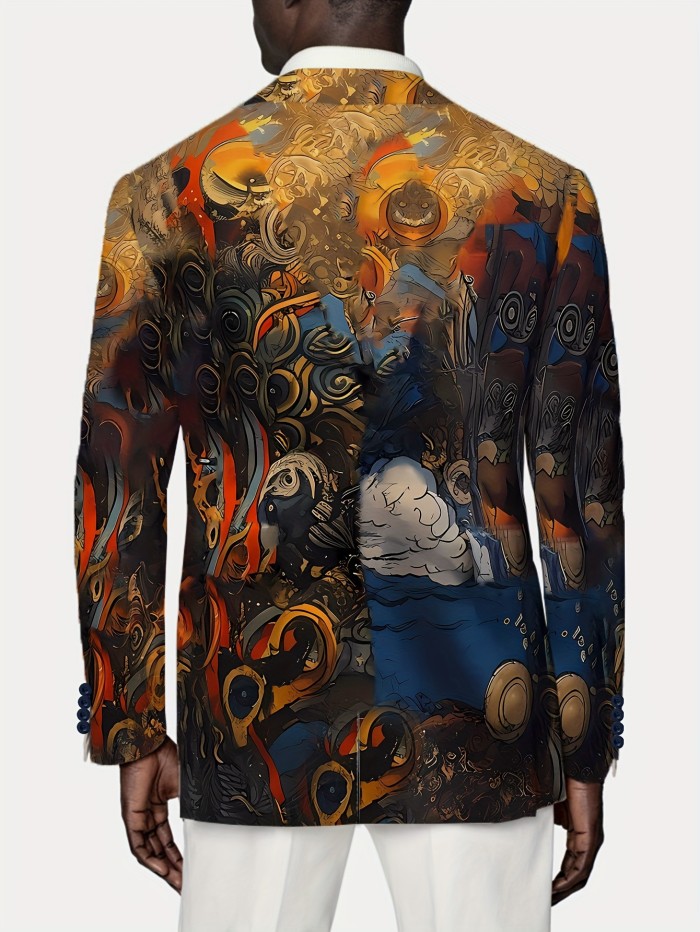 Plus Size Men's Creative Vintage Painting Graphic Print Suit Jacket For Spring Fall