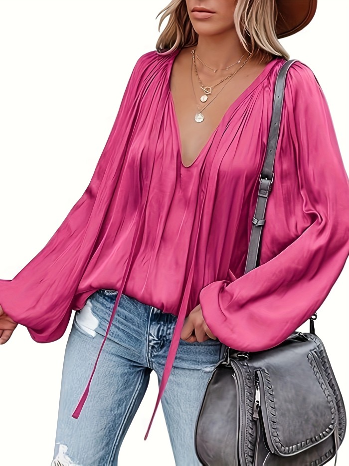 Lantern Long Sleeve Satin Blouse, Elegant V Neck Tops For Spring & Summer, Women's Clothing