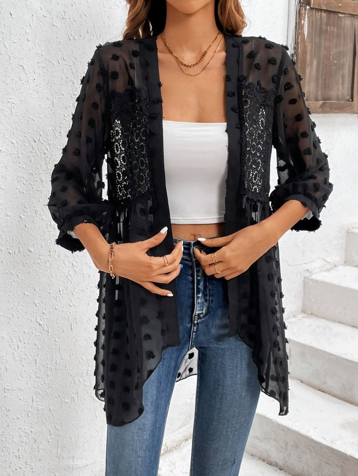 Solid Color Open Front Long Length Top, Elegant Loose Long Sleeve Swiss Dot Contrast Lace Top For Every Day, Women's Clothing