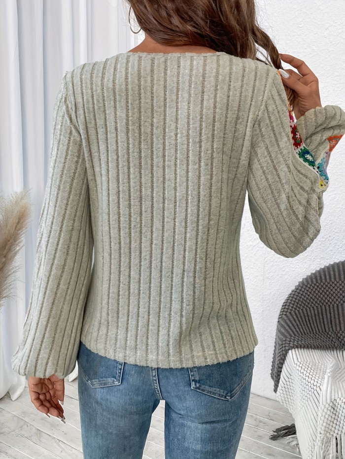 Floral Embroidered Crew Neck T-Shirt, Elegant Ribbed Long Sleeve T-Shirt For Spring & Summer, Women's Clothing