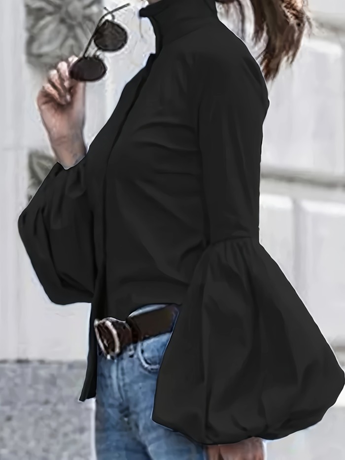 Lantern Sleeve Button Front Blouse, Stylish Solid Color Mock Neck Blouse For Spring & Fall, Women's Clothing