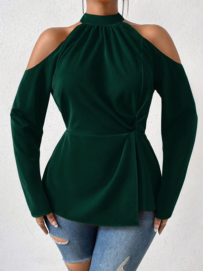 Vibrant Cold Shoulder Ruched Blouse - Stylish Long Sleeve Flare Top with Cinched Waist, Perfect for Spring & Fall, Women's Fashion Clothing for Chic Ladies