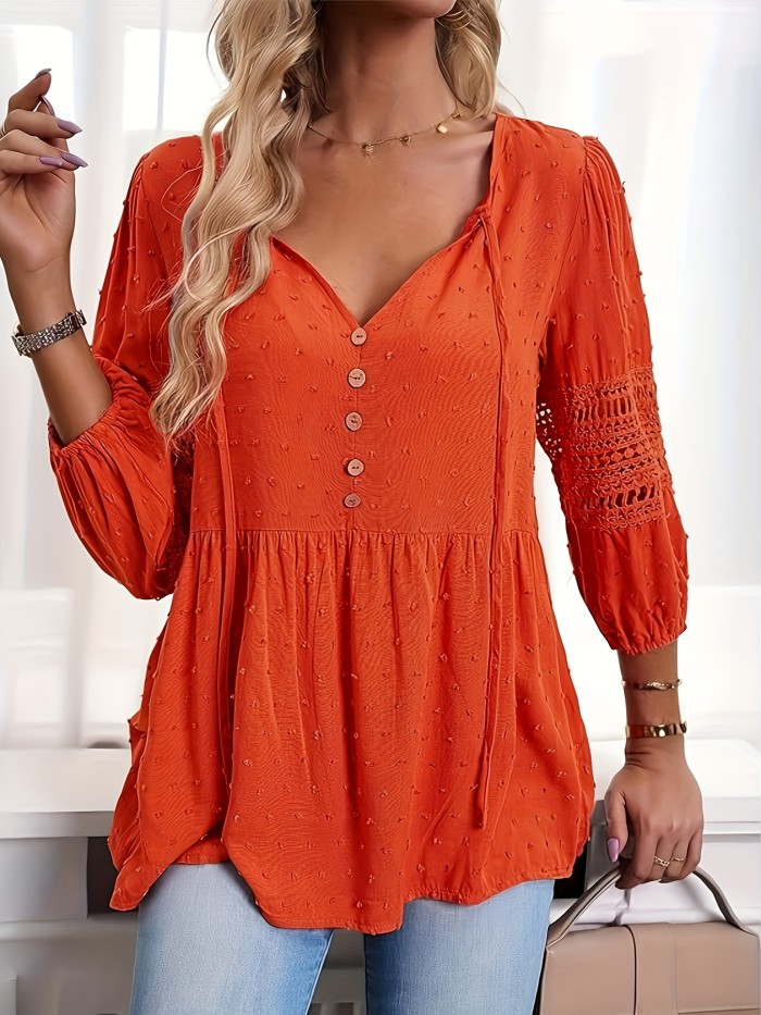 Stunning Swiss Dot Long Lantern Sleeve Blouse - Chic Tie-Neck Design, Casual Comfort for Spring & Fall, Womens Clothing for Everyday Wear
