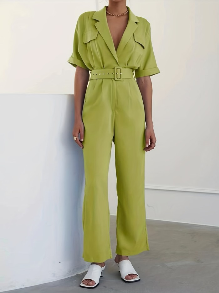 Solid Wide Leg Belted Jumpsuit, Elegant Notched Collar Rolled Short Sleeve Jumpsuit, Women's Clothing