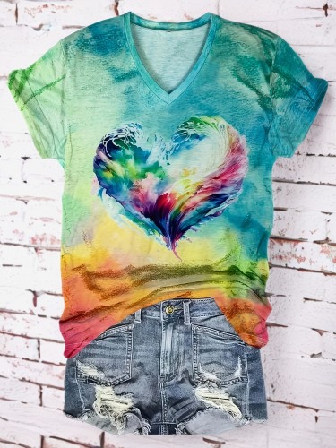 Heart Print V Neck T-Shirt, Casual Short Sleeve T-Shirt For Summer, Women's Clothing