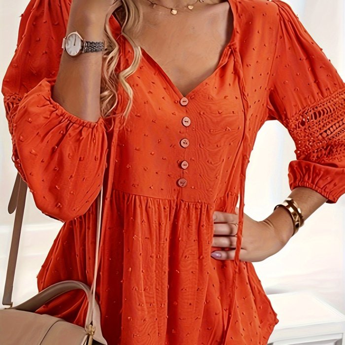 Stunning Swiss Dot Long Lantern Sleeve Blouse - Chic Tie-Neck Design, Casual Comfort for Spring & Fall, Womens Clothing for Everyday Wear