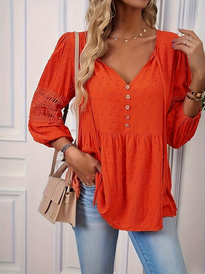 Stunning Swiss Dot Long Lantern Sleeve Blouse - Chic Tie-Neck Design, Casual Comfort for Spring & Fall, Womens Clothing for Everyday Wear