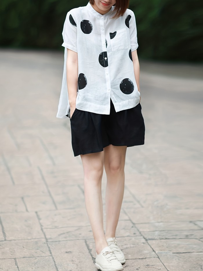 Polka Dot Print Blouse, Vintage Button Front Short Sleeve Blouse, Women's Clothing