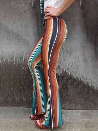 Stylish High-Waisted Flared Leg Pants - Comfortable Boho Chic Print Design, Long Length, Flowy Fabric, Women's Fashion Clothing for Everyday Wear