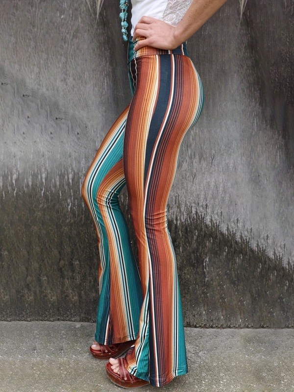 Stylish High-Waisted Flared Leg Pants - Comfortable Boho Chic Print Design, Long Length, Flowy Fabric, Women's Fashion Clothing for Everyday Wear