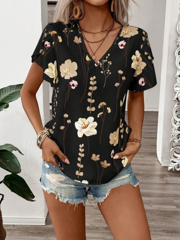 Elegant V-Neck Blouse with Floral Print and Puff Sleeves - Spring\u002FSummer Collection