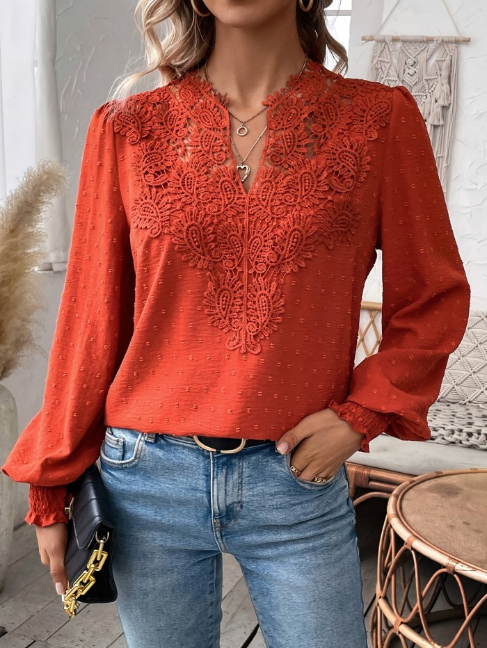 Elegant V-Neck Lace Splicing Blouse - Contrast Lace, Long Sleeve, Solid Color, Polyester, Machine Washable - Perfect for Spring and Fall Seasons