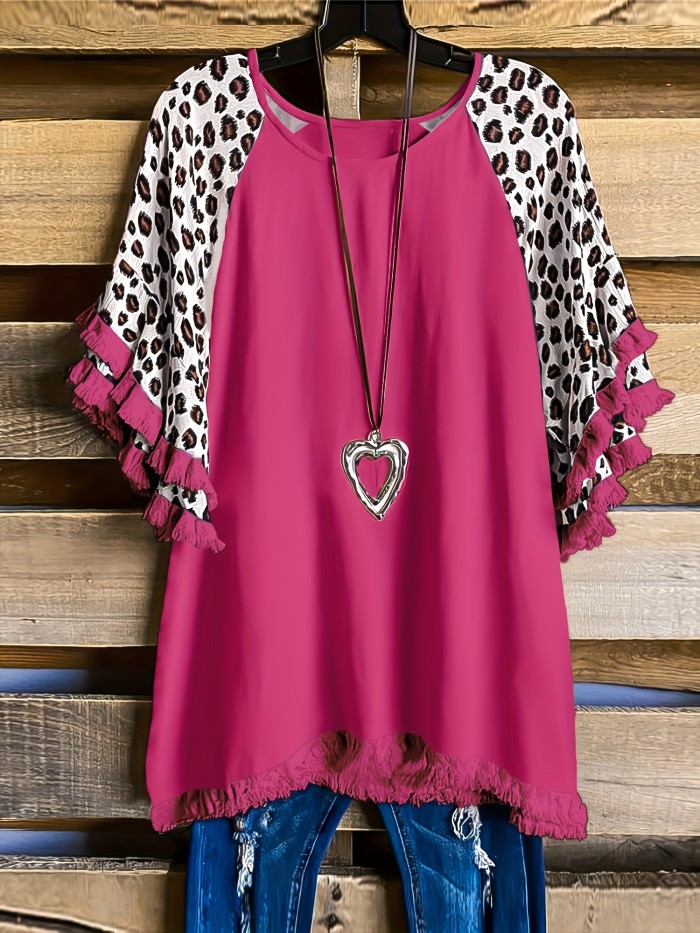 Leopard Print Tassel T-Shirt, Crew Neck Short Sleeve T-Shirt, Casual Every Day Tops, Women's Clothing