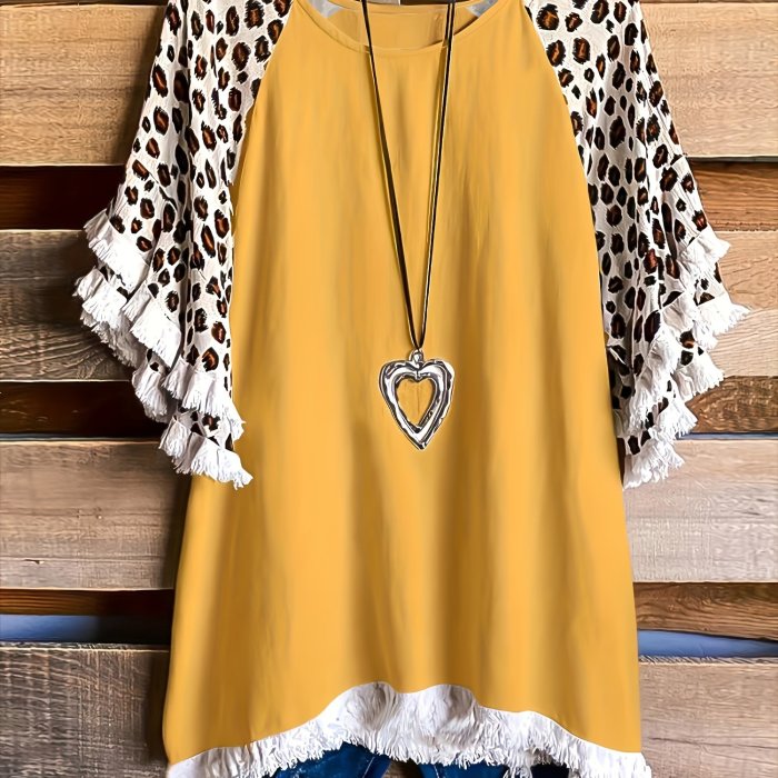 Leopard Print Tassel T-Shirt, Crew Neck Short Sleeve T-Shirt, Casual Every Day Tops, Women's Clothing