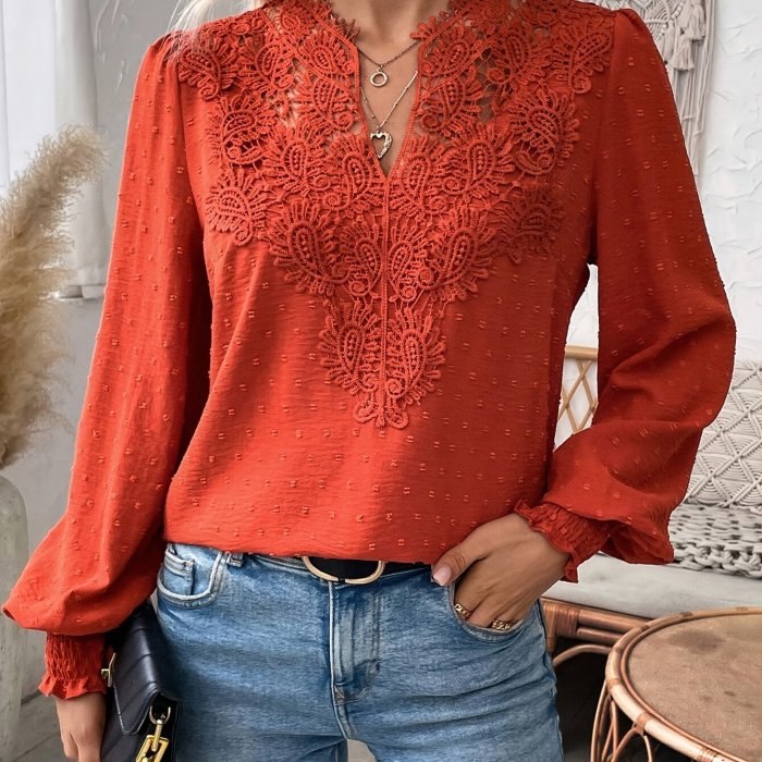 Elegant V-Neck Lace Splicing Blouse - Contrast Lace, Long Sleeve, Solid Color, Polyester, Machine Washable - Perfect for Spring and Fall Seasons