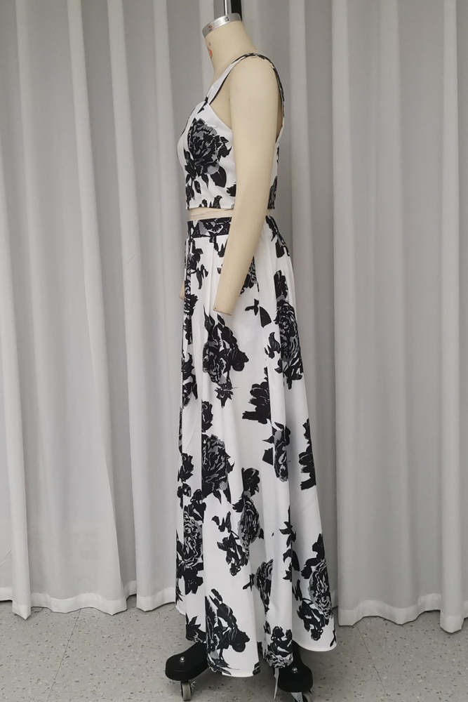 Casual Vacation Flowers Print Patchwork V Neck Sleeveless Two Pieces