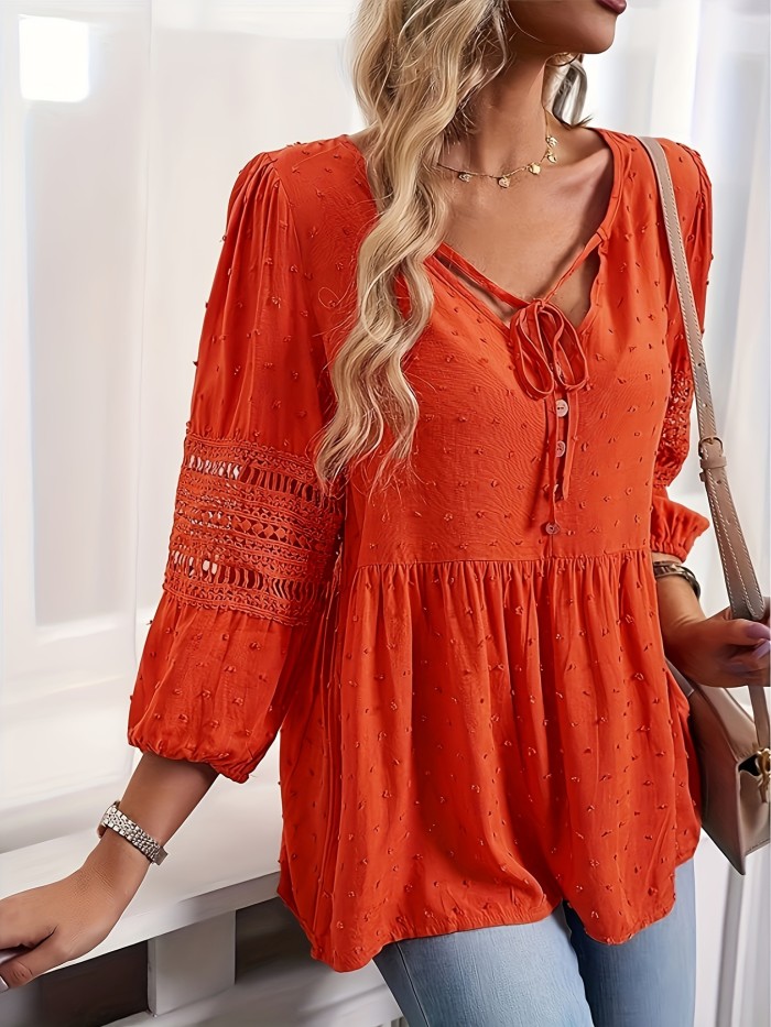 Stunning Swiss Dot Long Lantern Sleeve Blouse - Chic Tie-Neck Design, Casual Comfort for Spring & Fall, Womens Clothing for Everyday Wear