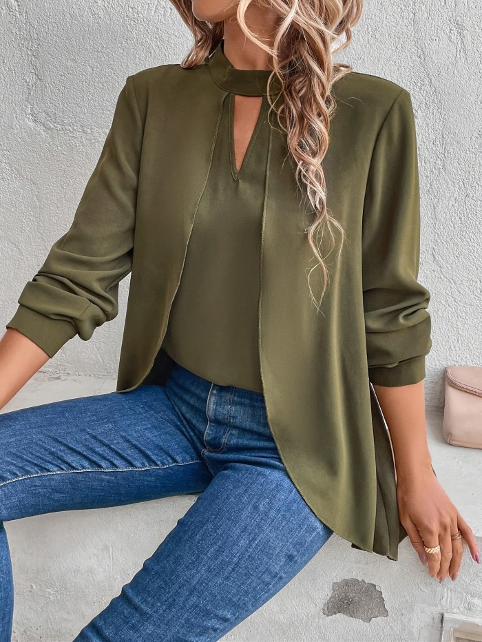 Solid Color Cut Out Splicing Blouse, Elegant Layered Mock Neck Blouse For Spring & Fall, Women's Clothing