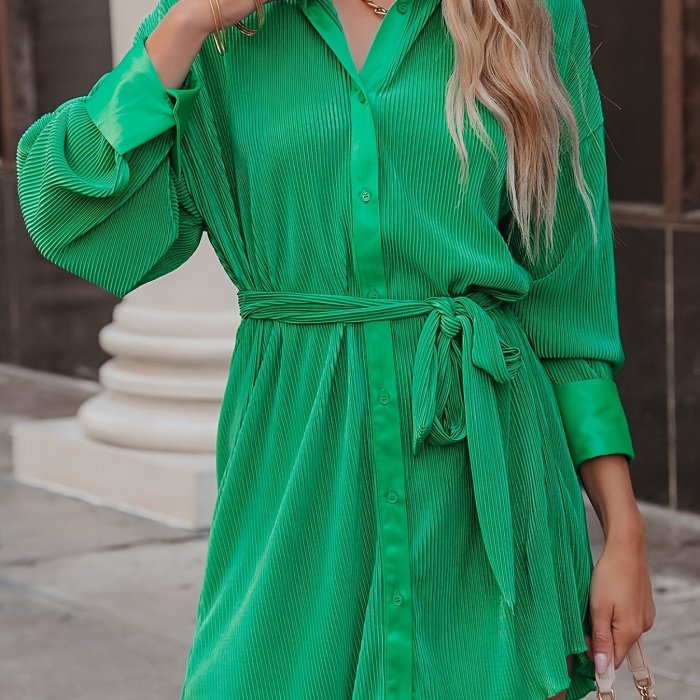 Solid Single Breasted Shirt Dress, Casual Lapel Neck Long Sleeve Tie Waist Dress For Spring & Fall, Women's Clothing