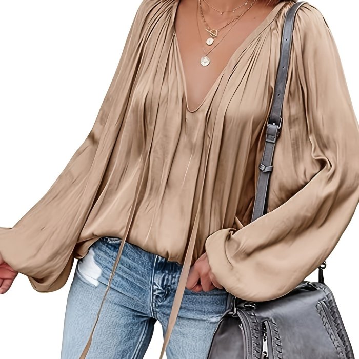 Lantern Long Sleeve Satin Blouse, Elegant V Neck Tops For Spring & Summer, Women's Clothing