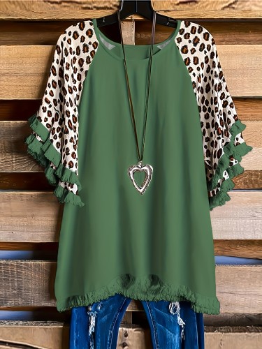 Leopard Print Tassel T-Shirt, Crew Neck Short Sleeve T-Shirt, Casual Every Day Tops, Women's Clothing