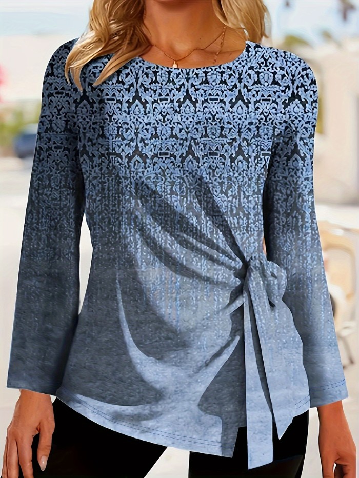 All Over Print Tie Front T-Shirt, Casual Long Sleeve Top For Spring & Fall, Women's Clothing