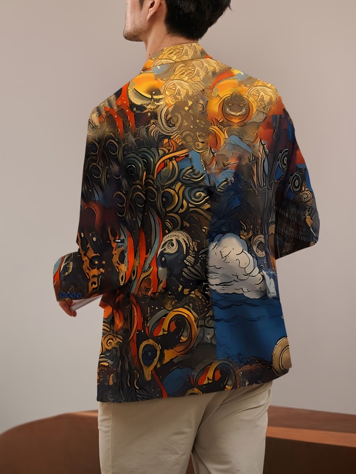 Plus Size Men's Creative Vintage Painting Graphic Print Suit Jacket For Spring Fall