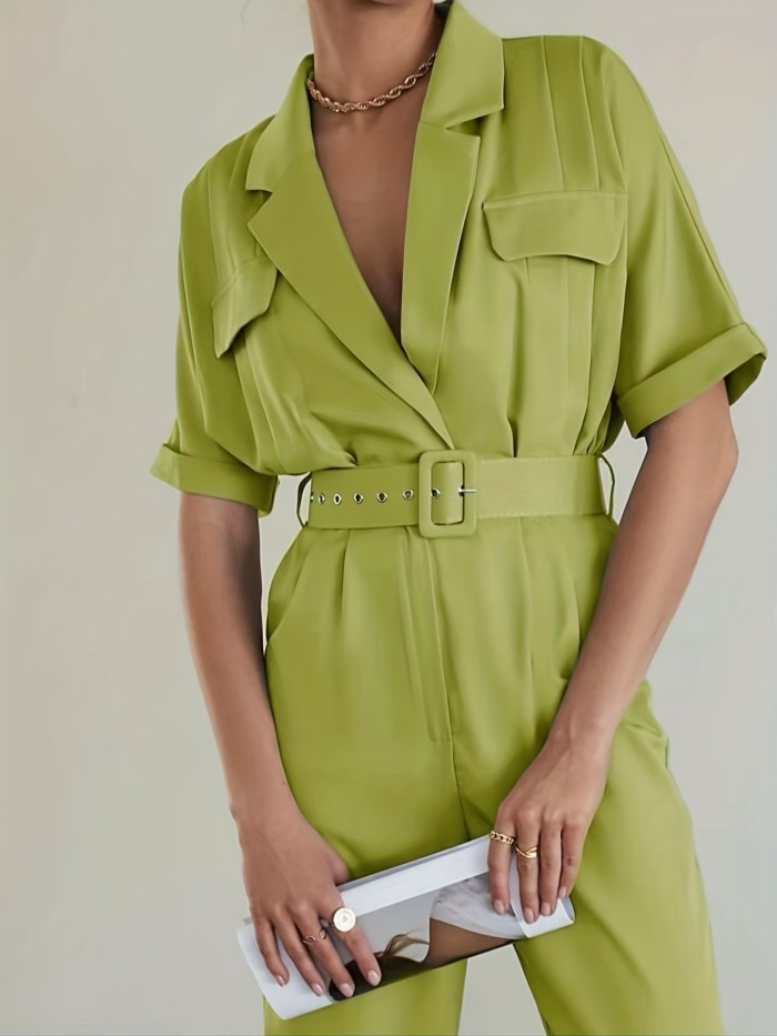 Solid Wide Leg Belted Jumpsuit, Elegant Notched Collar Rolled Short Sleeve Jumpsuit, Women's Clothing