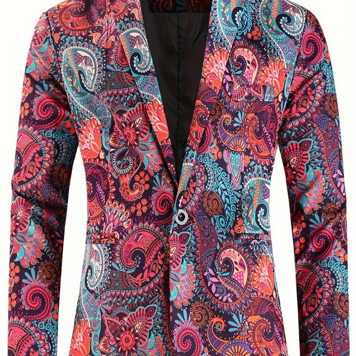 Men's Fashion Colorful Paisley Pattern Blazer, Casual Long Sleeve One Button Lapel Suit Jacket, Slim Fit Dress Coat For Party\u002FFormal Events