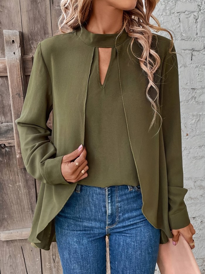 Solid Color Cut Out Splicing Blouse, Elegant Layered Mock Neck Blouse For Spring & Fall, Women's Clothing