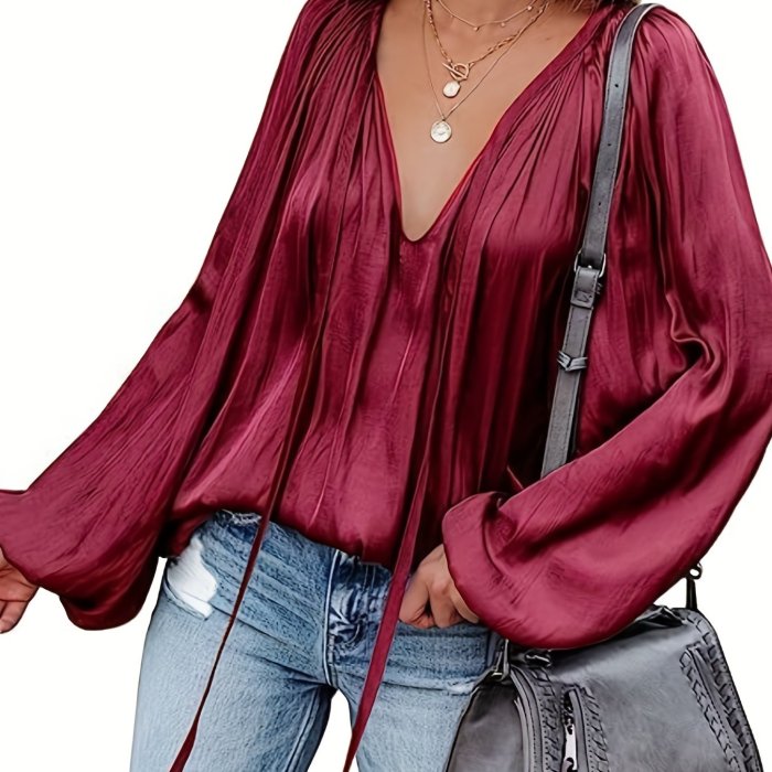 Lantern Long Sleeve Satin Blouse, Elegant V Neck Tops For Spring & Summer, Women's Clothing