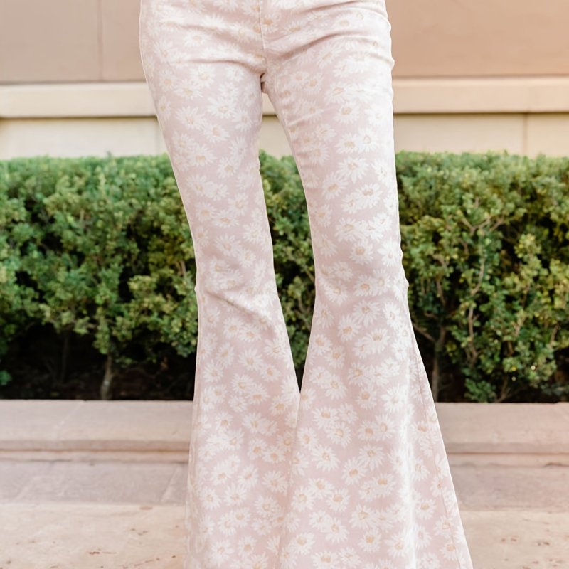 Valentine's Day Floral Flare Leg Casual Pants, Pocket Maxi Slim Pants, Women's Clothing