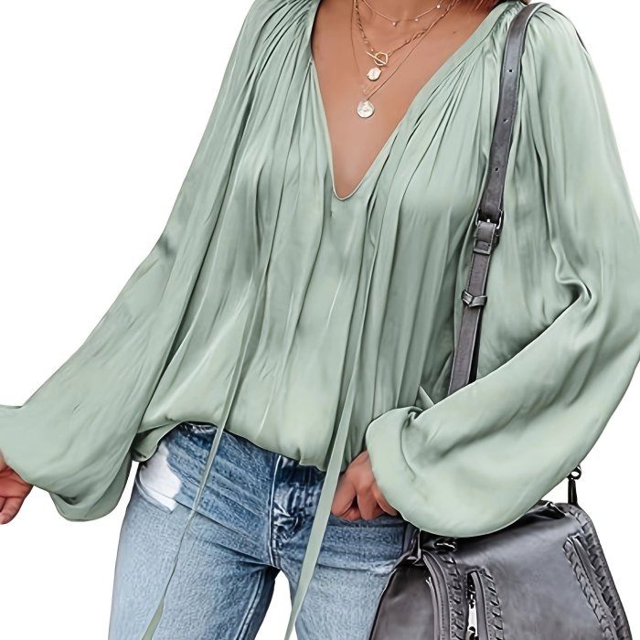 Lantern Long Sleeve Satin Blouse, Elegant V Neck Tops For Spring & Summer, Women's Clothing