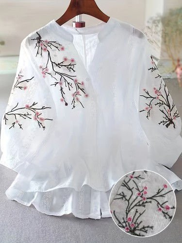 Vibrant Plum Blossom Embroidered Elegant V Neck Blouse - Semi-Sheer, Woven, Polyester, Hand Wash Only, Random Floral Print, Perfect for Spring, Summer, Fall - Womens Clothing