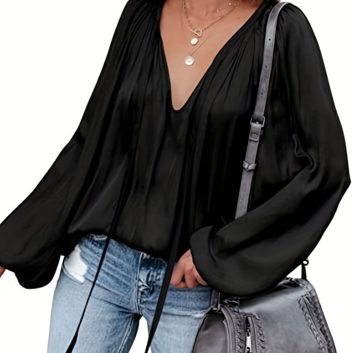 Lantern Long Sleeve Satin Blouse, Elegant V Neck Tops For Spring & Summer, Women's Clothing