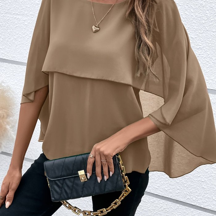 Solid Layered Cloak Sleeve Blouse, Versatile Crew Neck Blouse For Spring & Fall, Women's Clothing