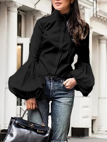 Lantern Sleeve Button Front Blouse, Stylish Solid Color Mock Neck Blouse For Spring & Fall, Women's Clothing