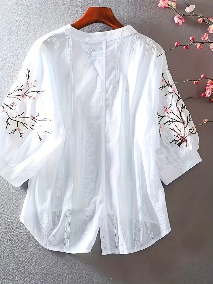 Vibrant Plum Blossom Embroidered Elegant V Neck Blouse - Semi-Sheer, Woven, Polyester, Hand Wash Only, Random Floral Print, Perfect for Spring, Summer, Fall - Womens Clothing