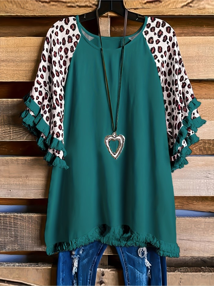 Leopard Print Tassel T-Shirt, Crew Neck Short Sleeve T-Shirt, Casual Every Day Tops, Women's Clothing