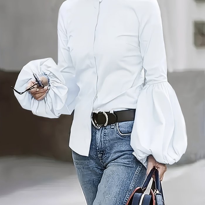 Lantern Sleeve Button Front Blouse, Stylish Solid Color Mock Neck Blouse For Spring & Fall, Women's Clothing