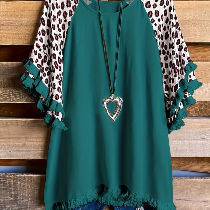 Leopard Print Tassel T-Shirt, Crew Neck Short Sleeve T-Shirt, Casual Every Day Tops, Women's Clothing