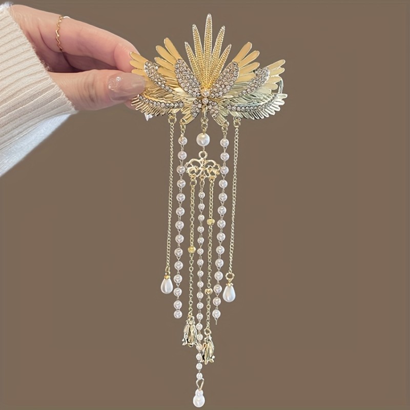 Vintage Golden Angel Wings Hair Clip with Faux Pearl Tassels, Zinc Alloy Metal Hairpin with Rhinestone Detailing for Traditional Chinese Style Updo