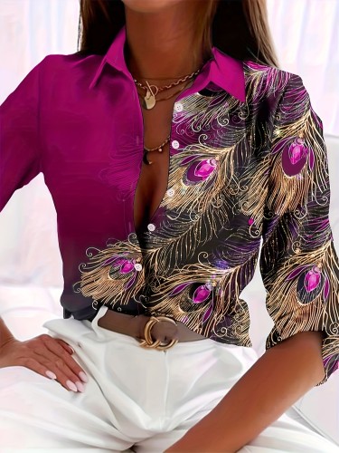Peacock Feather Print Shirt, Long Sleeve Button Up Casual Top For Fall & Spring, Women's Clothing